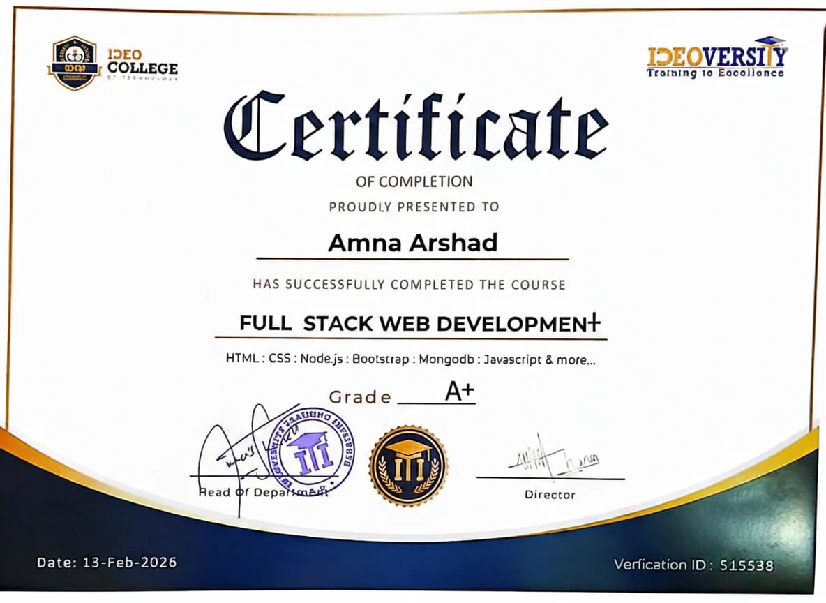 Full Stack Web Development certificate issued by IDEO College · Ideoversity