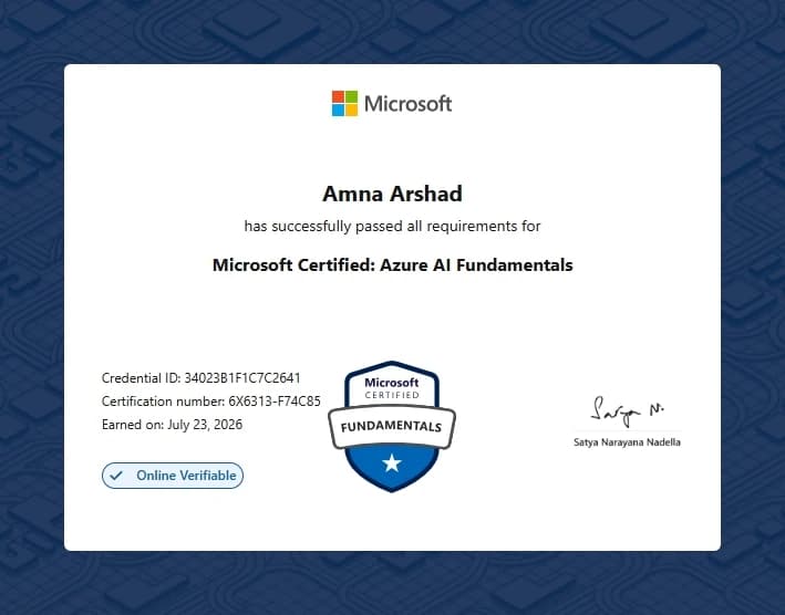 Microsoft Certified: Azure AI Fundamentals certificate issued by Microsoft