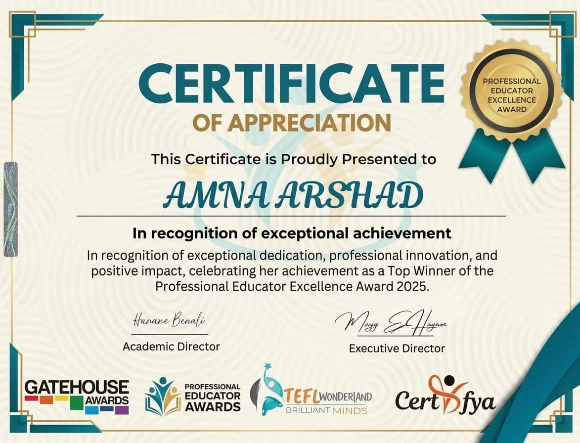 Professional Educator Excellence Award 2025 certificate issued by Professional Educator Awards