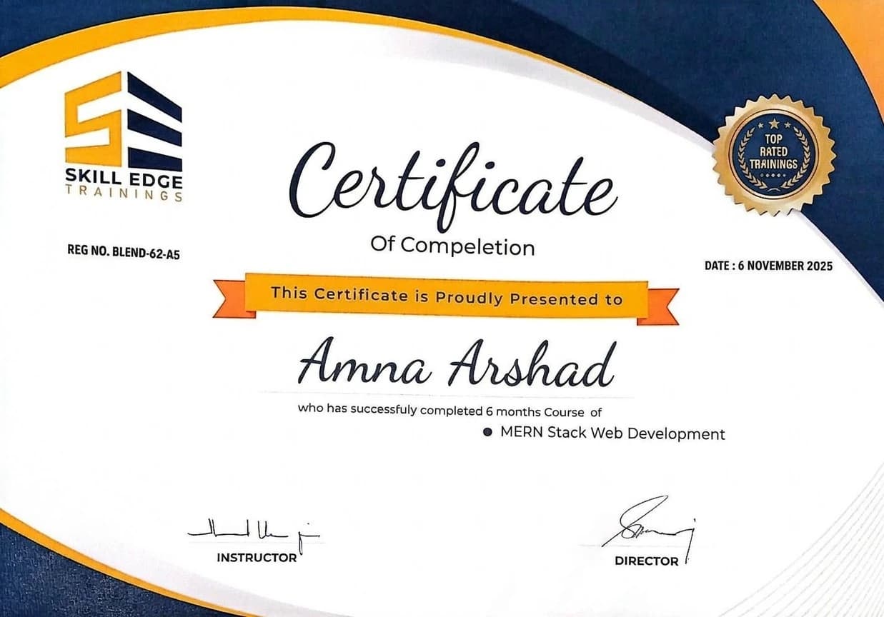 MERN Stack Web Development certificate issued by Skill Edge Trainings